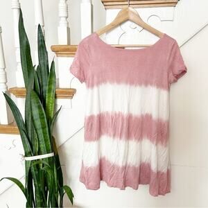Lulu's White Pink Tie-Dye Short Sleeve V-Neck Pullover mini dress Size Small